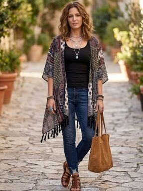 Boho Me Patchwork Tassel Kimono Cardigan | Black Maroon Olive Green | One Size
